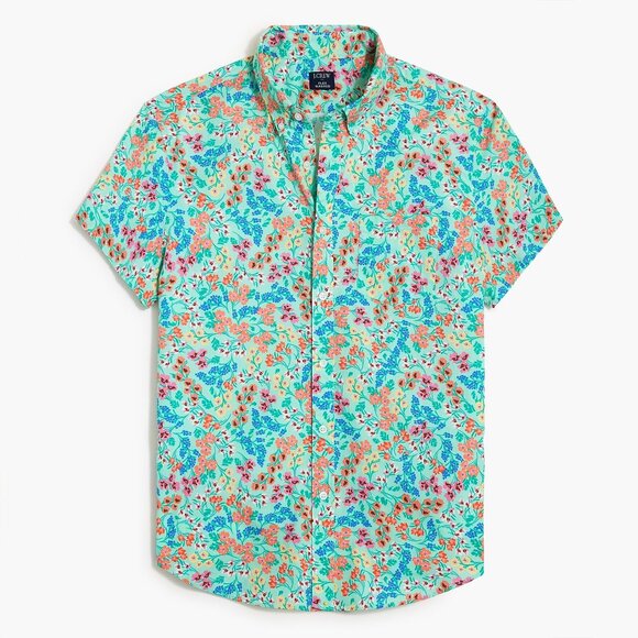 J Crew Printed Short-Sleeve Slim Flex Casual Floral Multicolor Shirt L - Picture 2 of 11